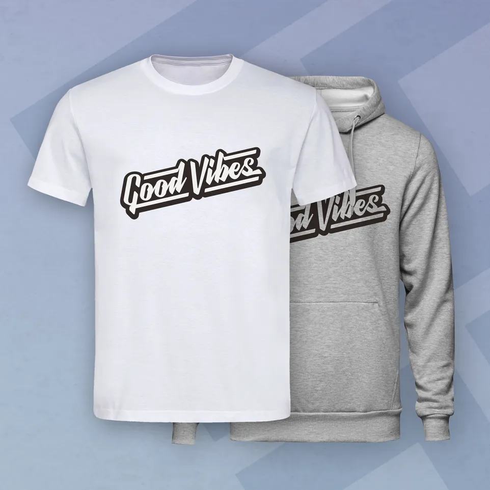 A white t-shirt and a grey hoodie with the 'Good Vibes' print from Champion Export Import.